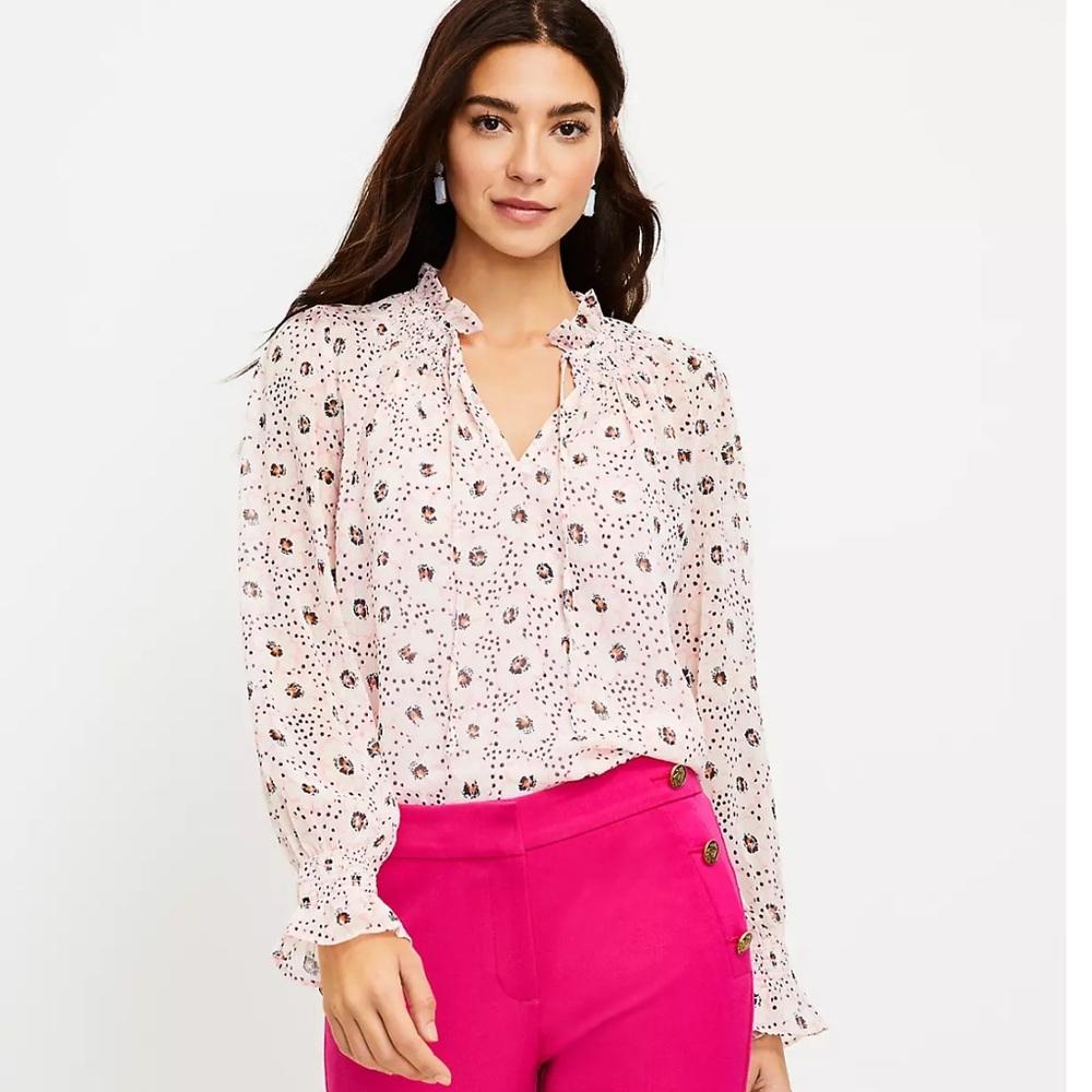 Loft Pink Floral Ruffled Neck Blouse